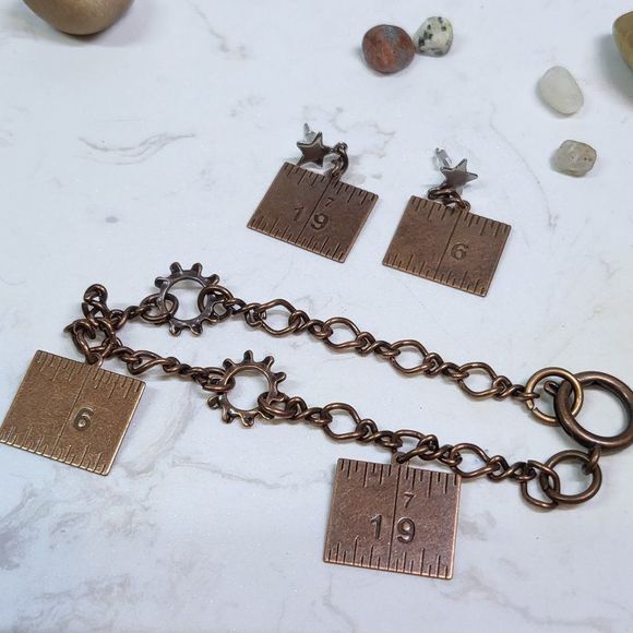 Handmade steampunk ruler earrings bracelet set - Picture 2 of 5